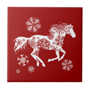 Red and White Snowflake Christmas Horse Ceramic Tile