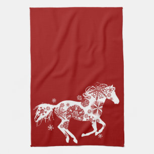 Red and White Snowflake Christmas Horse Tea Towel