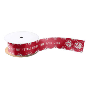 Red and White Snowflake Custom Merry Christmas Satin Ribbon
