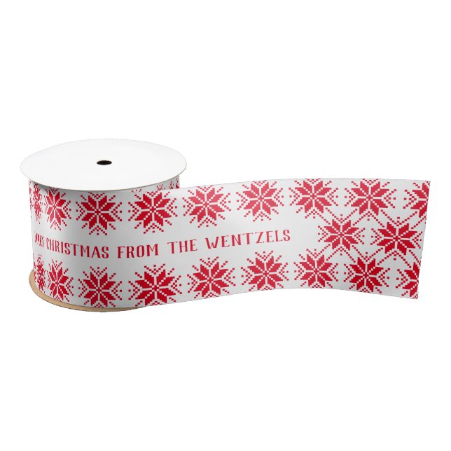 Red and White Snowflake Custom Merry Christmas Satin Ribbon (Spool)