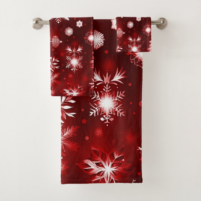 Red And White Snowflake Pattern Bath Towel Set (Insitu)