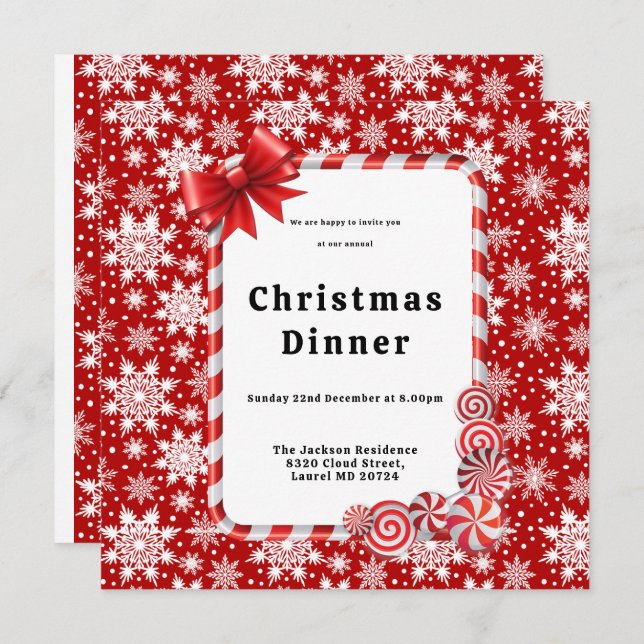 Red and white snowflake pattern Christmas Dinner Invitation (Front/Back)