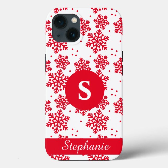 Red and White Snowflake Pattern Monogram Case-Mate iPhone Case (Back)