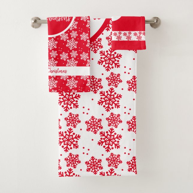 Red and White Snowflake Pattern Monogram Christmas Bath Towel Set (Insitu)