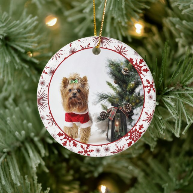 Red And White Snowflake Pattern Photo Ceramic Orna Ornament (Tree)