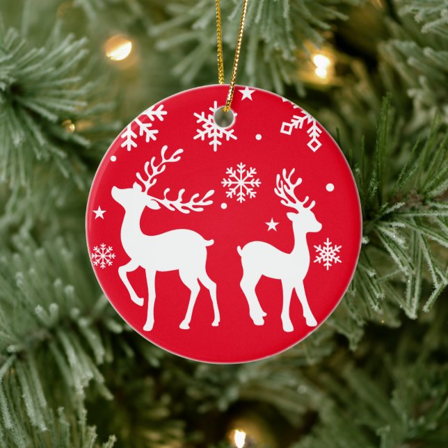 Red and White snowflake reindeer Merry Christmas   Ceramic Ornament (Tree)