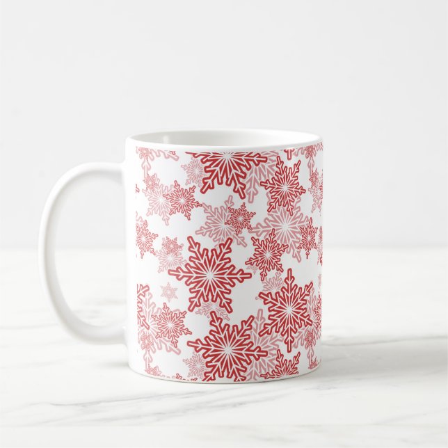 Red and White Snowflake Seamless Pattern Coffee Mug (Left)