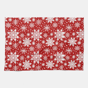 Red and White Snowflake Seamless Pattern  Tea Towel