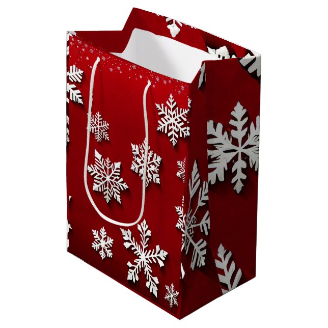 Red and White Snowflakes Christmas Medium Gift Bag (Front Angled)
