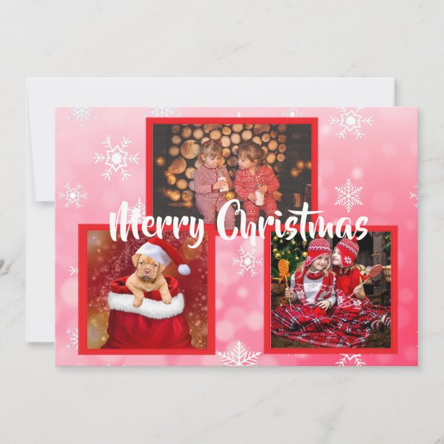 Red and White  Snowflakes Family Photos Christmas Invitation (Front)