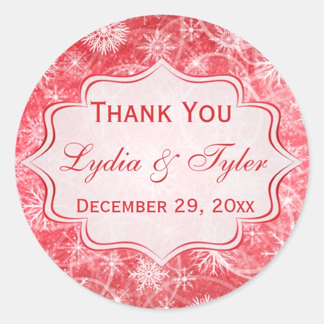 Red and White Snowflakes Wedding Favour Sticker (Front)