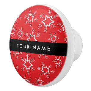 Red and White Snowflakes, Your name, Personalise Ceramic Knob