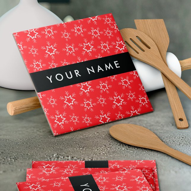 Red and White Snowflakes, Your name, Personalise Ceramic Tile (Creator Uploaded)