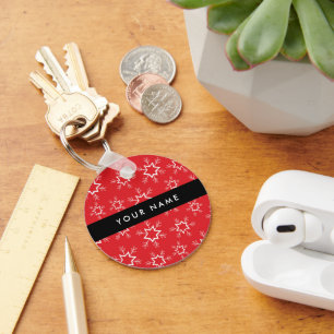 Red and White Snowflakes, Your name, Personalise Key Ring
