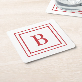Red And White Square Border Monogram  Square Paper Coaster