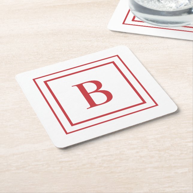 Red And White Square Border Monogram  Square Paper Coaster (Angled)