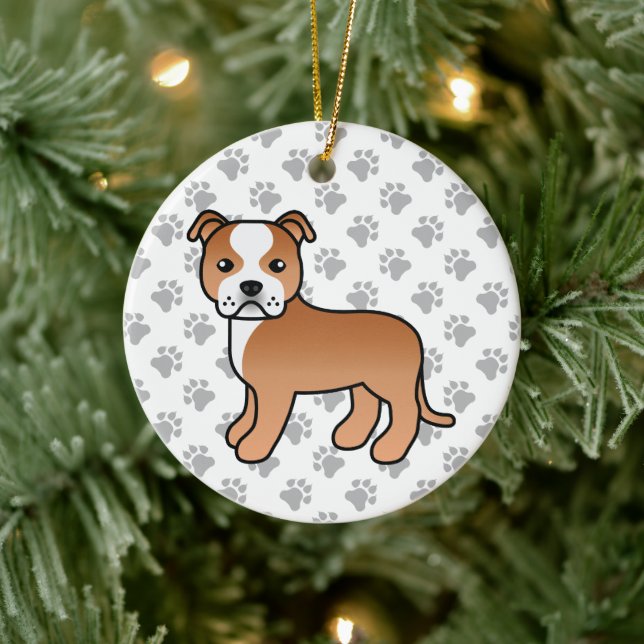 Red And White Staffordshire Bull Terrier Dog Ceramic Ornament (Tree)