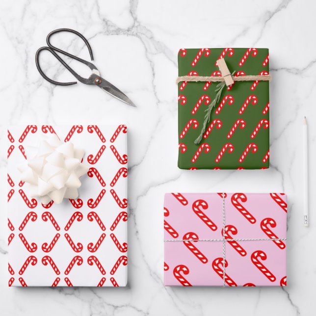 Red and white stick Christmas Pastel Pink Green Wrapping Paper Sheet (Front)