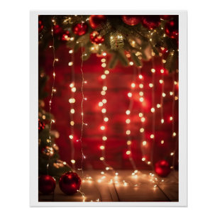 Red and White String Lights Christmas Digital Art Poster