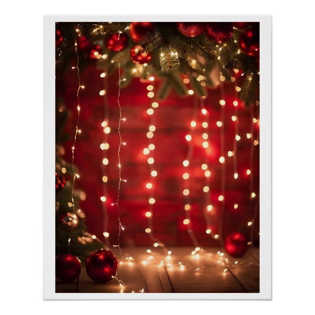 Red and White String Lights Christmas Digital Art Poster (Front)