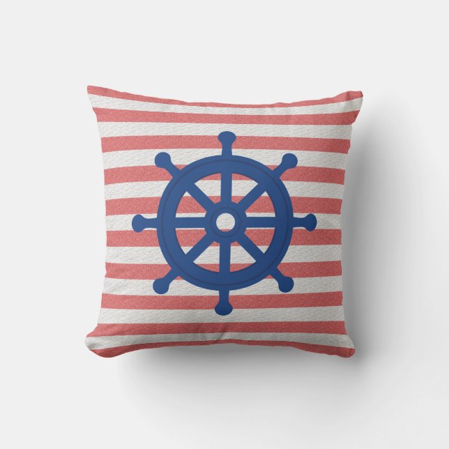 Red and White Stripe Nautical Throw Pillow (Front)