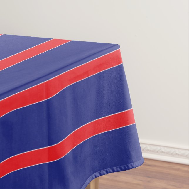 Red and white stripe on navy blue tablecloth (In Situ)