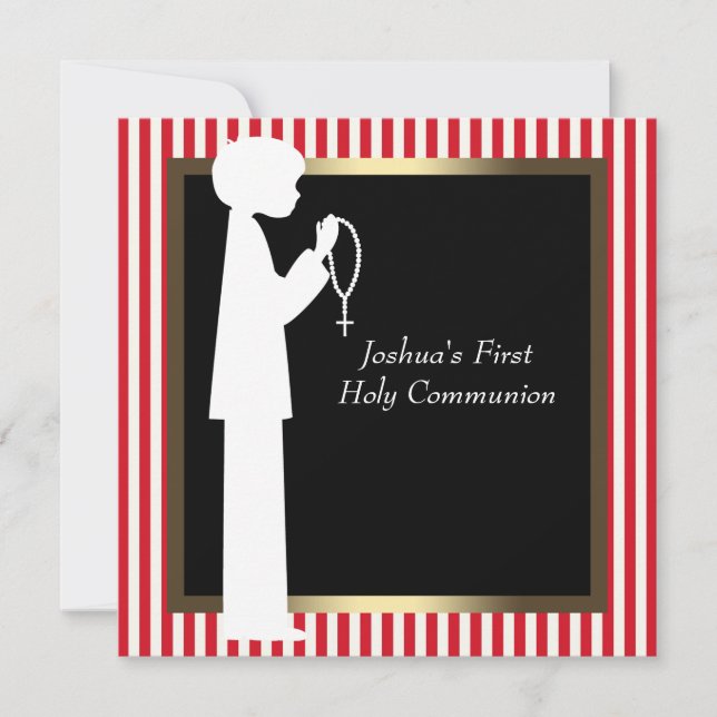 Red and White Stripe Rosary Boys First Communion Invitation (Front)
