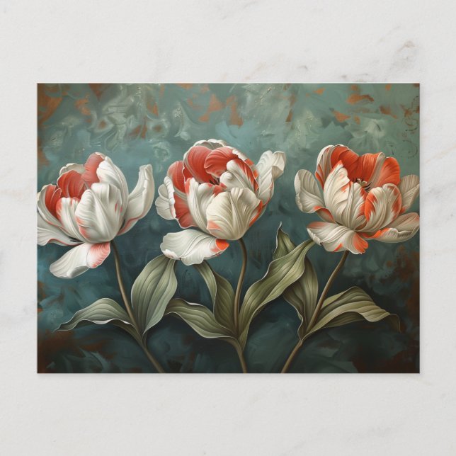 Red and White Stripe Tulips Botanical Oil Painting Postcard (Front)