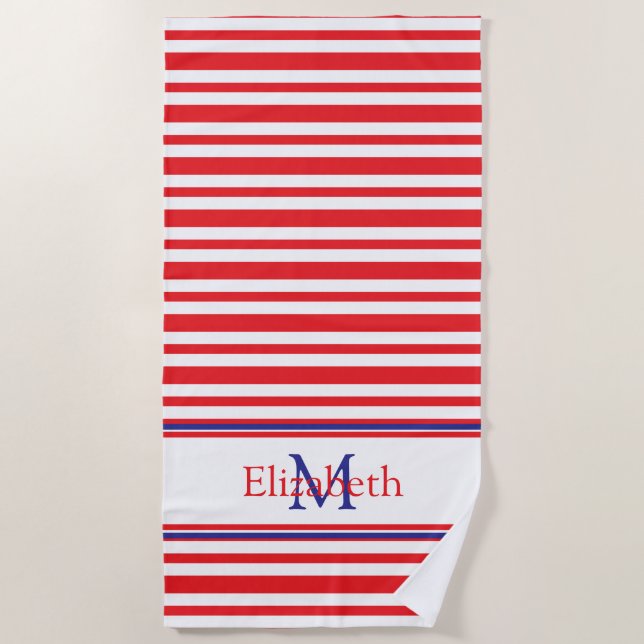 Red and White Stripe With Navy Blue Monogram Beach Towel (Front)