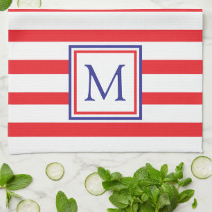 Red and White Stripe With Navy Blue Monogram Tea Towel