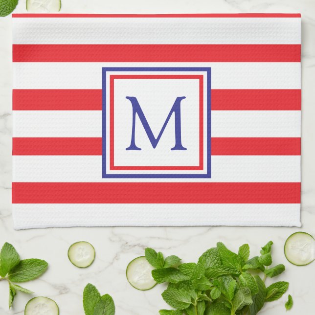 Red and White Stripe With Navy Blue Monogram Tea Towel (Folded)