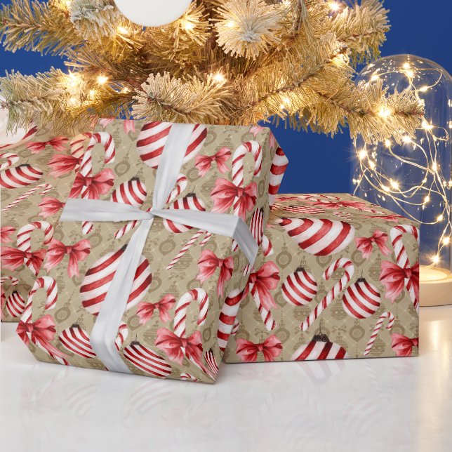 Red and White Striped Candy Canes and Balls Wrapping Paper (Holidays)
