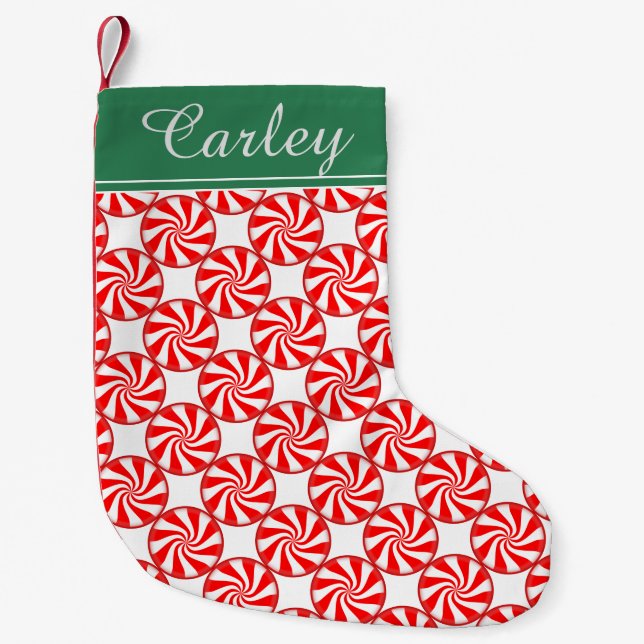 Red and White Striped Candy Swirls Personalised Small Christmas Stocking (Front)