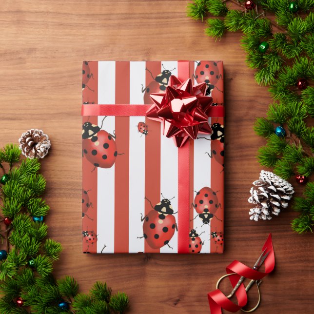Red and White Striped Ladybug Wrapping Paper (Holiday Gift)