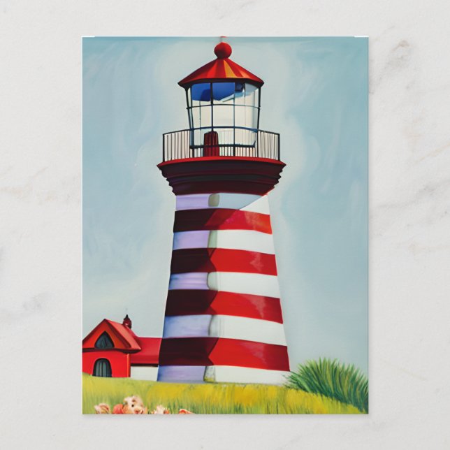 Red and White Striped Lighthouse AI Art Postcard (Front)