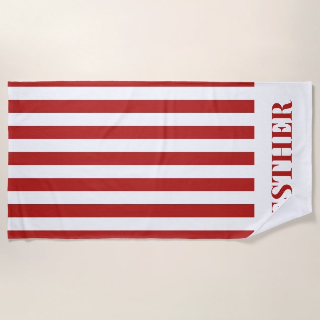 Red and White Striped Personalised Cabana Beach  Beach Towel (Front)