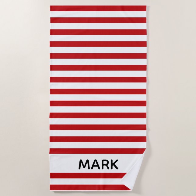 Red And White Striped  Personalized Beach Towel (Front)