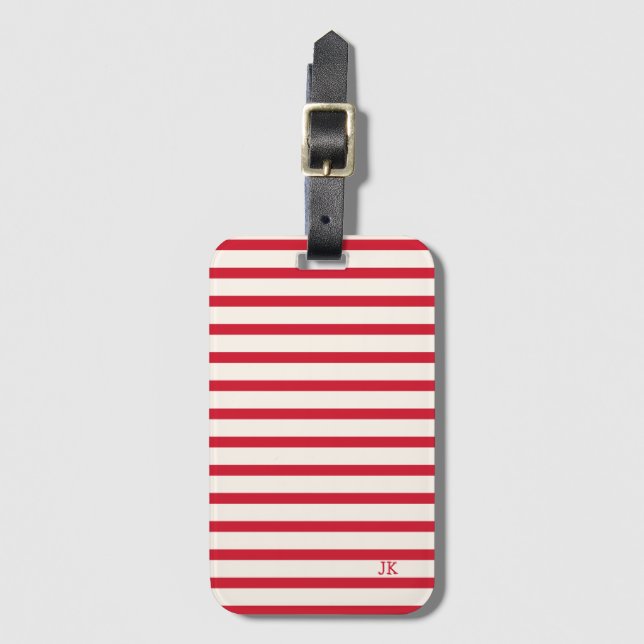 Red and White Striped Personalized Initials Luggage Tag (Front Vertical)