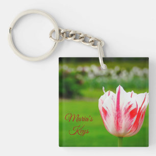Red and White Striped Tulip *Personalised* Key Ring