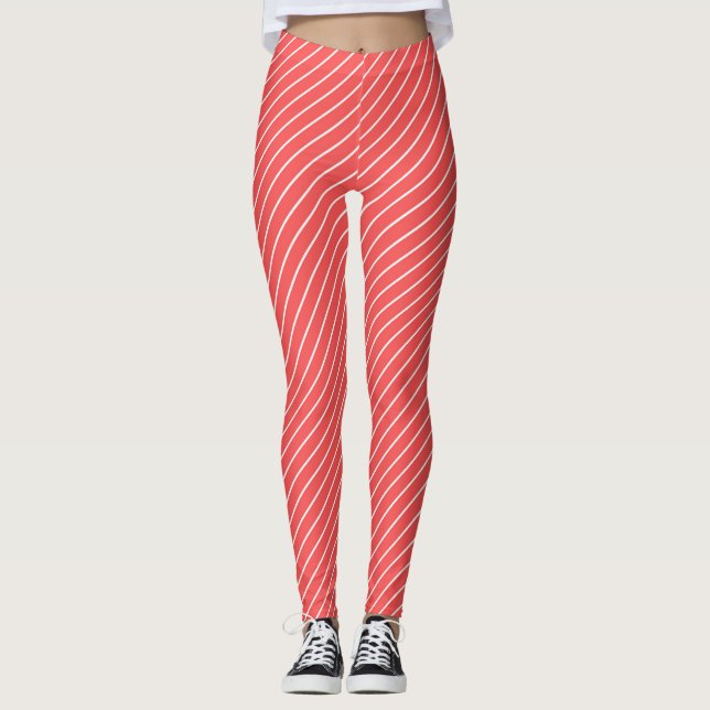Red And White Stripes And Lines Pattern Leggings (Front)