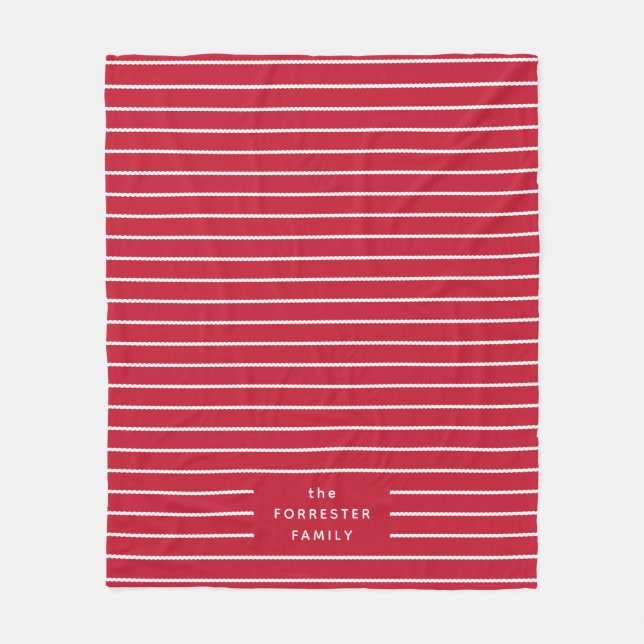 Red and white stripes cute simple family name fleece blanket (Front)