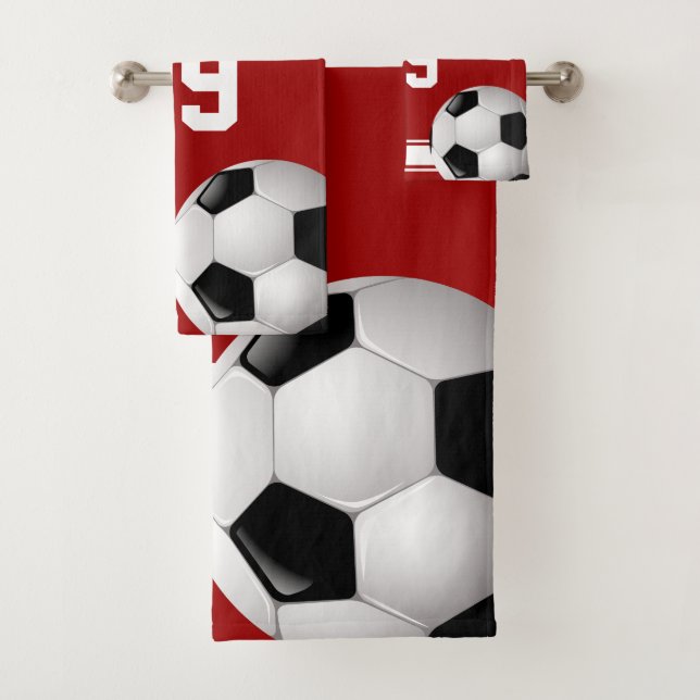 Red and White Stripes Jersey Soccer Ball Bath Towel Set (Insitu)