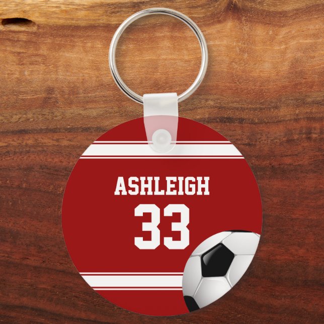 Red and White Stripes Jersey Soccer Ball Key Ring (Front)