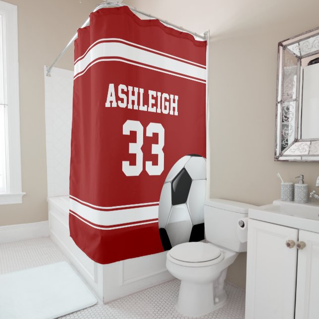 Red and White Stripes Jersey Soccer Ball Shower Curtain (In Situ)