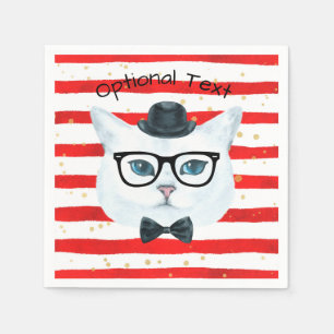 Red and White Stripes Nerdy Cat Paper Napkins
