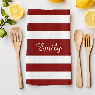 Red And White Stripes Pattern Name Print Tea Towel