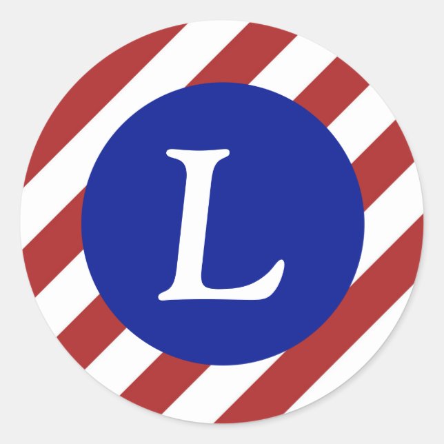 Red and White Stripes Pattern + Royal Blue Circle Classic Round Sticker (Front)