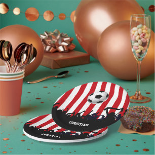 Red and White stripes Soccer Fans and football Paper Plate