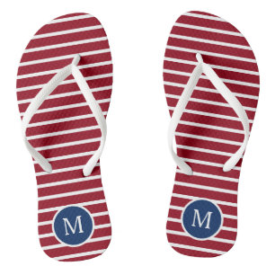 Red and White Stripes With Navy Blue Monogram Thongs
