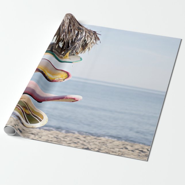 Red and white surfboard in brown wooden rack wrapping paper (Unrolled)